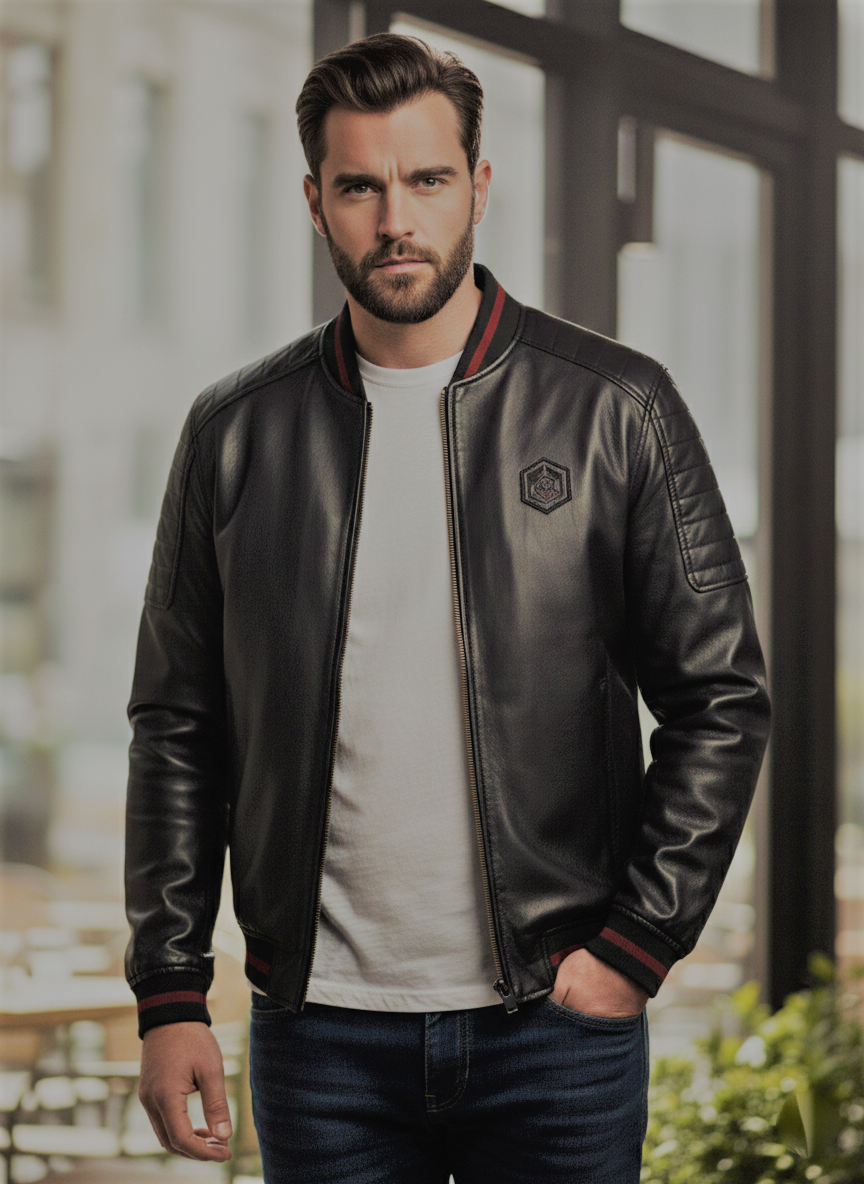 Premium Black Leather Bomber Jacket with Red Striped Ribbing