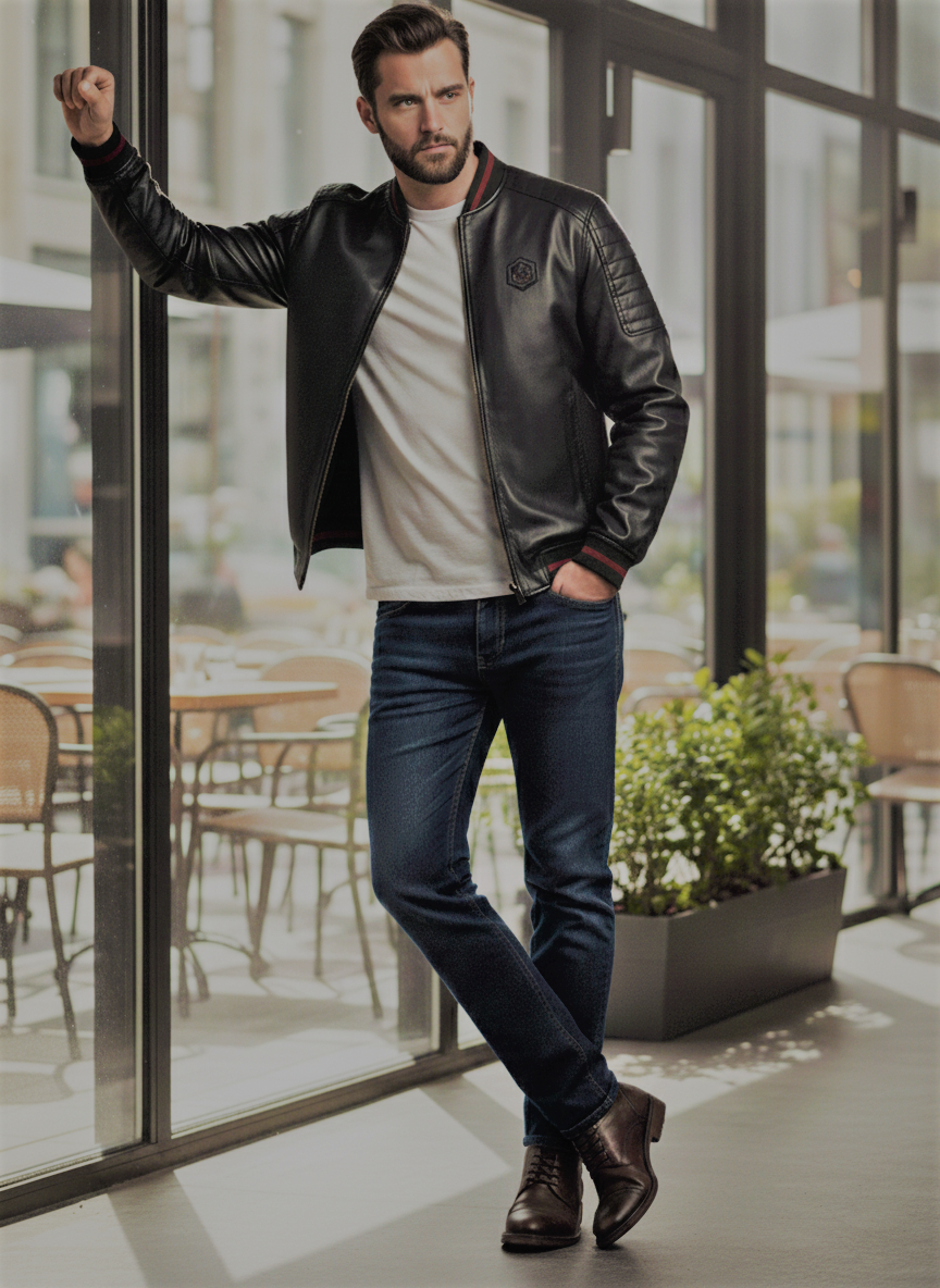 Premium Black Leather Bomber Jacket with Red Striped Ribbing