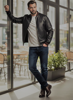 Premium Black Leather Bomber Jacket with Red Striped Ribbing