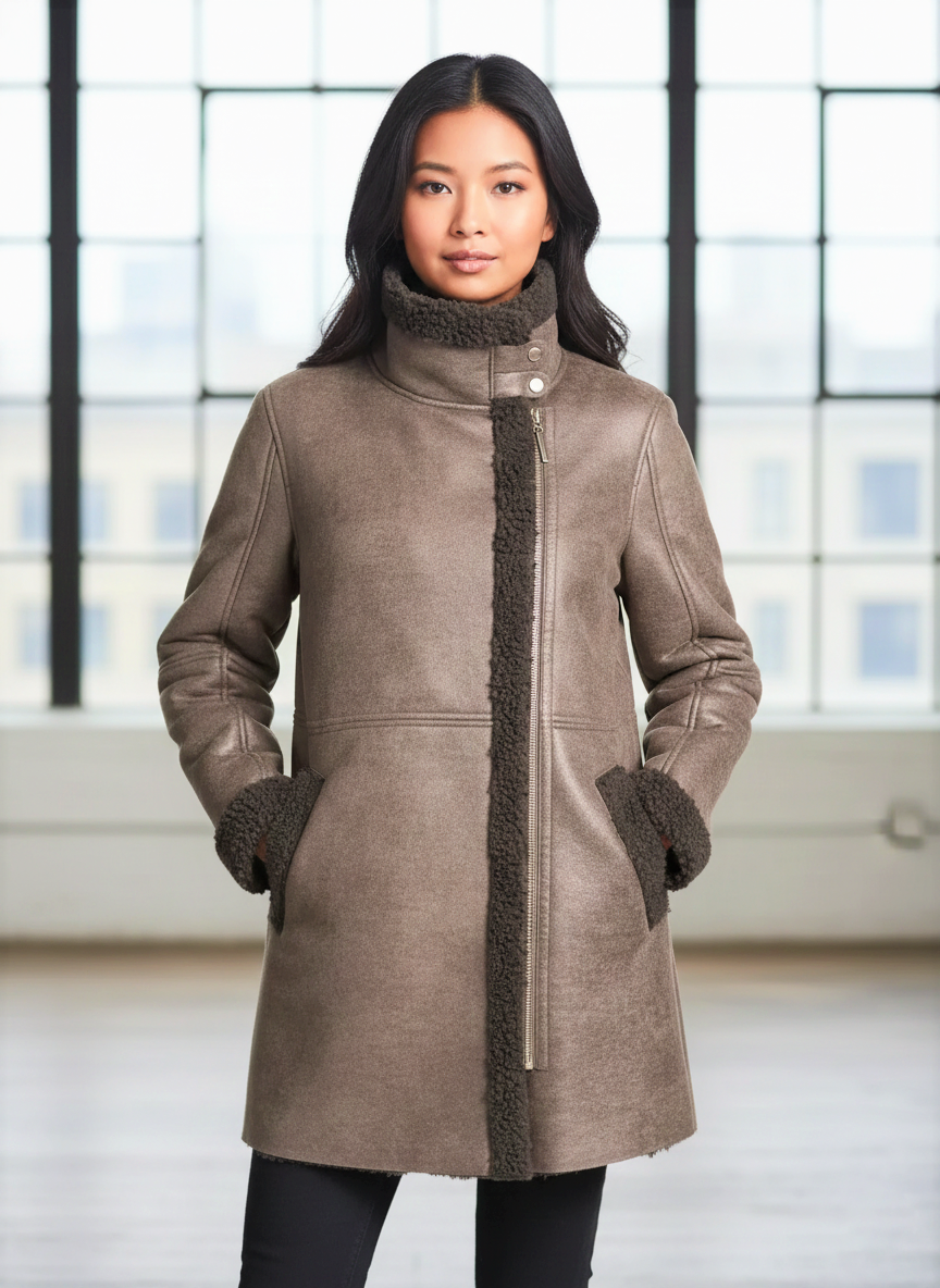 Arctic Elegance: Longline Asymmetrical Shearling Parka Jacket
