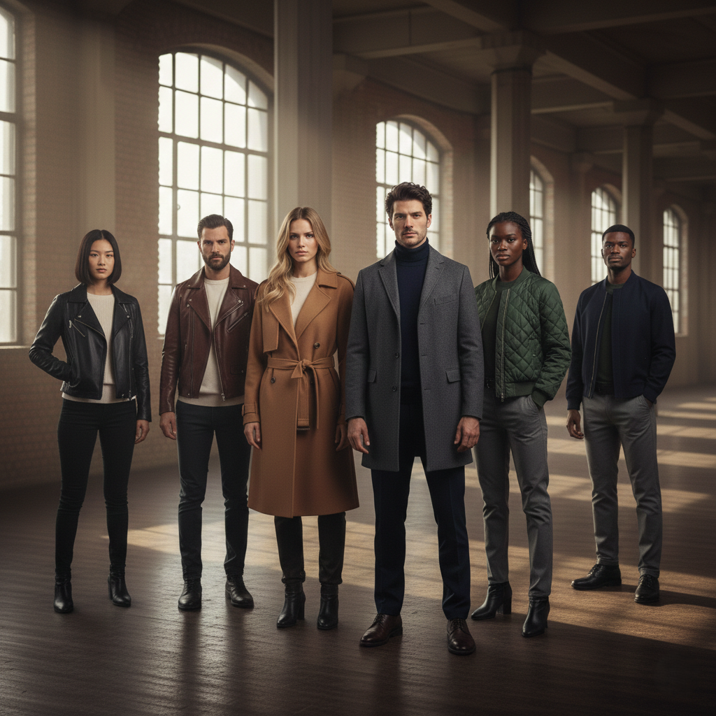 Six people standing in a row in a large, well-lit room with high ceilings.