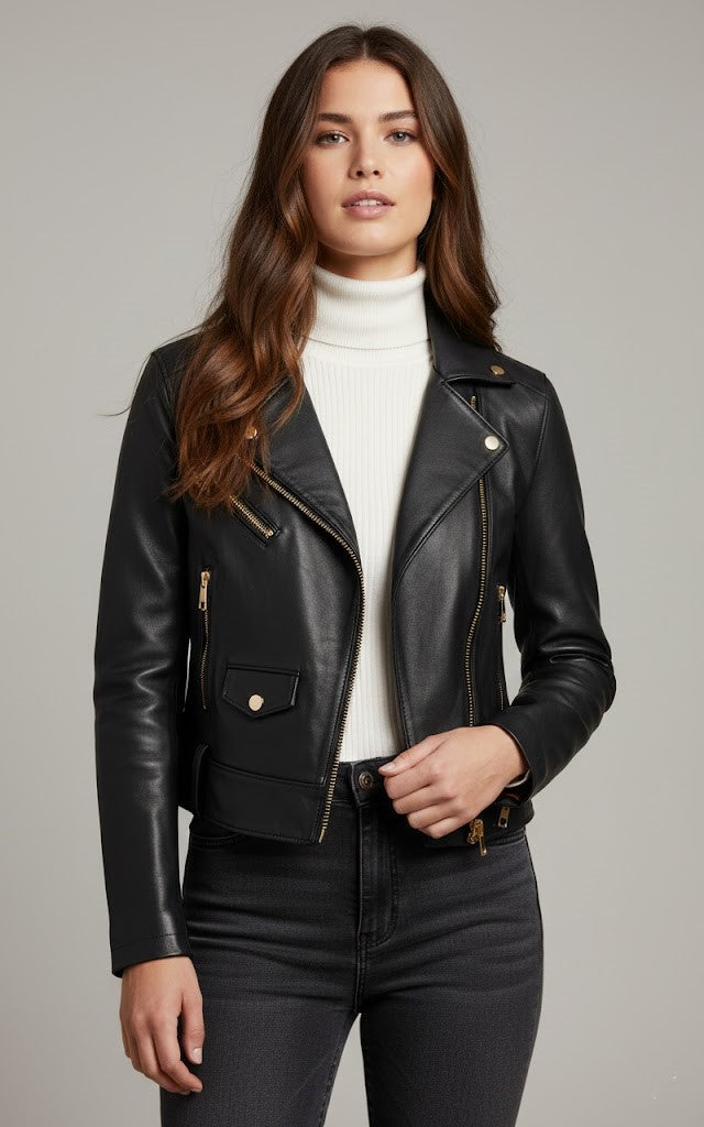 Woman wearing a black leather jacket over a white turtleneck on a gray background