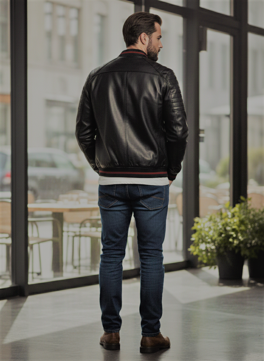 Premium Black Leather Bomber Jacket with Red Striped Ribbing