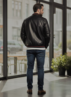 Premium Black Leather Bomber Jacket with Red Striped Ribbing