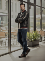 Premium Black Leather Bomber Jacket with Red Striped Ribbing