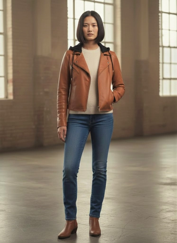 Cognac Heritage: Detachable Hooded Leather Biker Jacket
