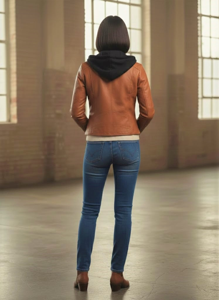 Cognac Heritage: Detachable Hooded Leather Biker Jacket