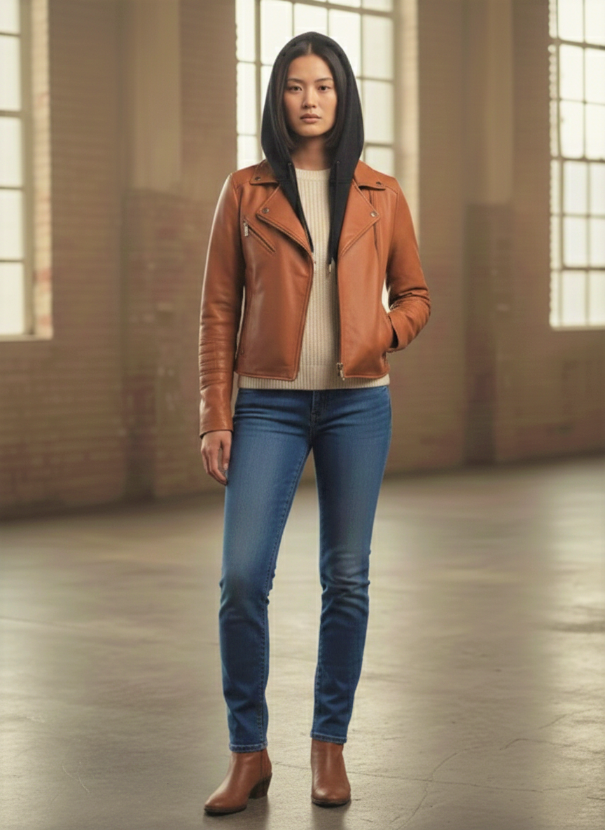 Cognac Heritage: Detachable Hooded Leather Biker Jacket